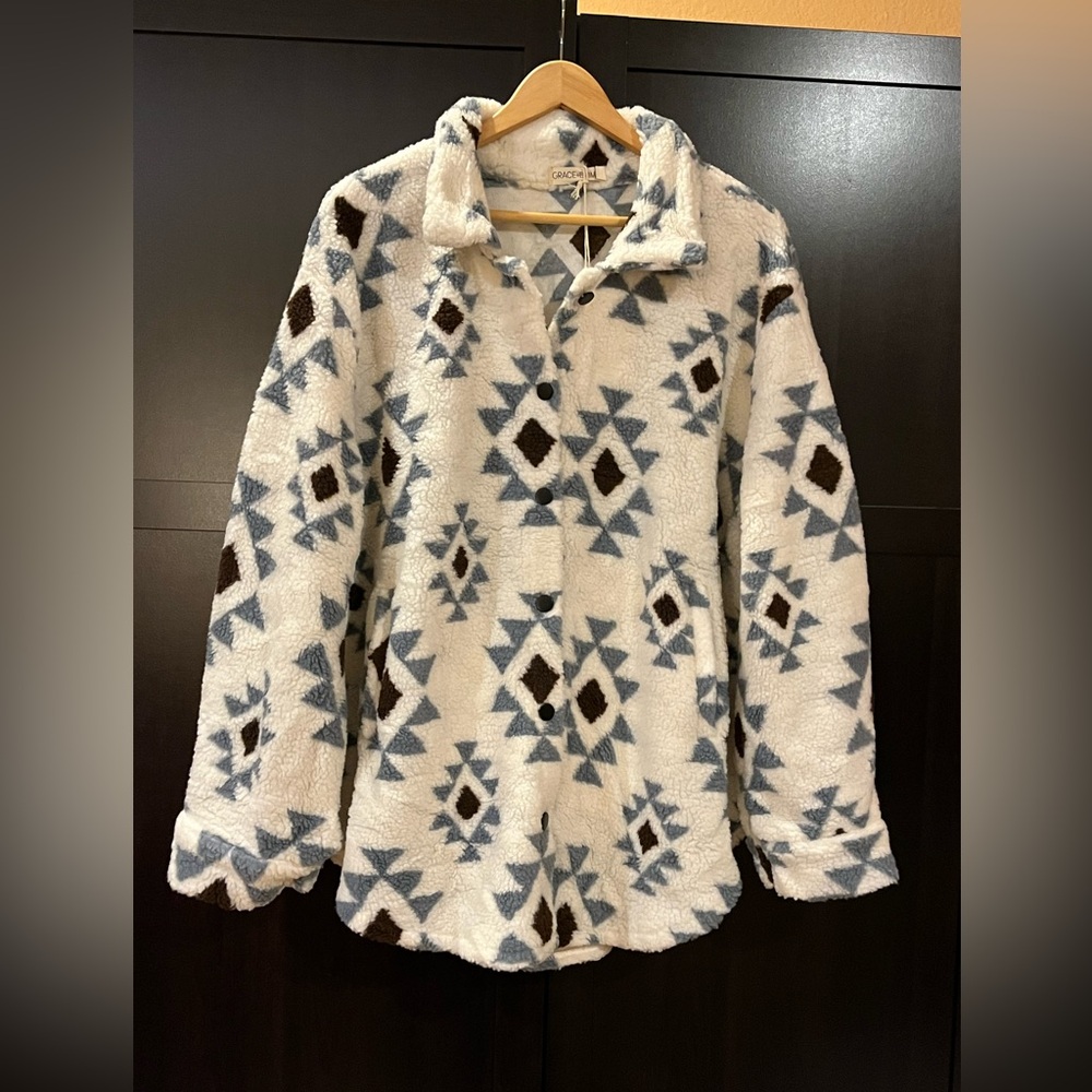 Grace & Emma "She Could Be The One" ivory aztec pattern sherpa jacket. 2XL. NWT - Picture 5 of 14